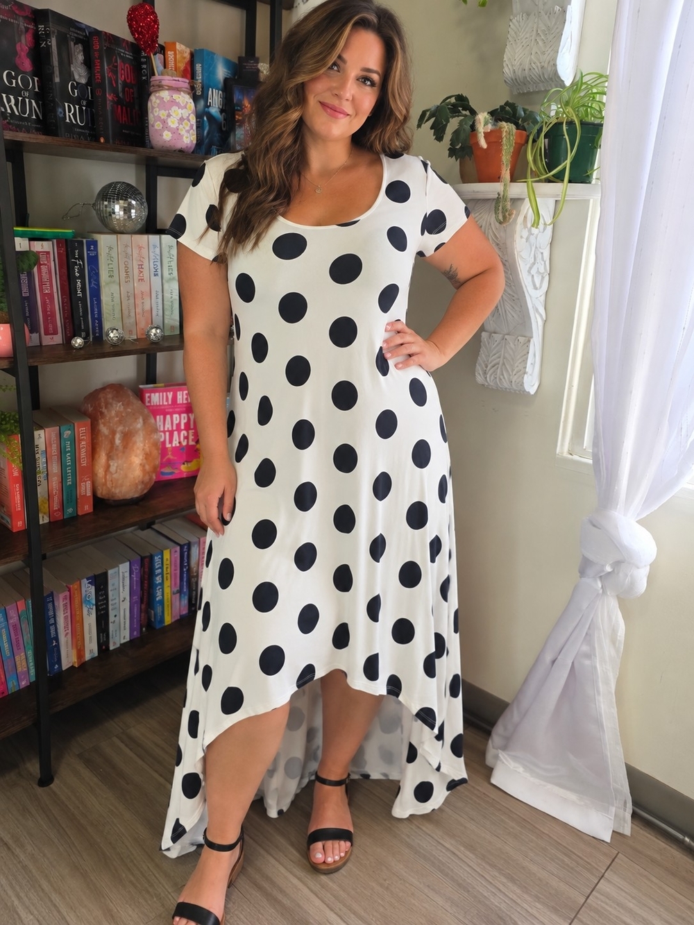 Scoop-Neck Polka Dot High-Low Maxi Dress - White/Black